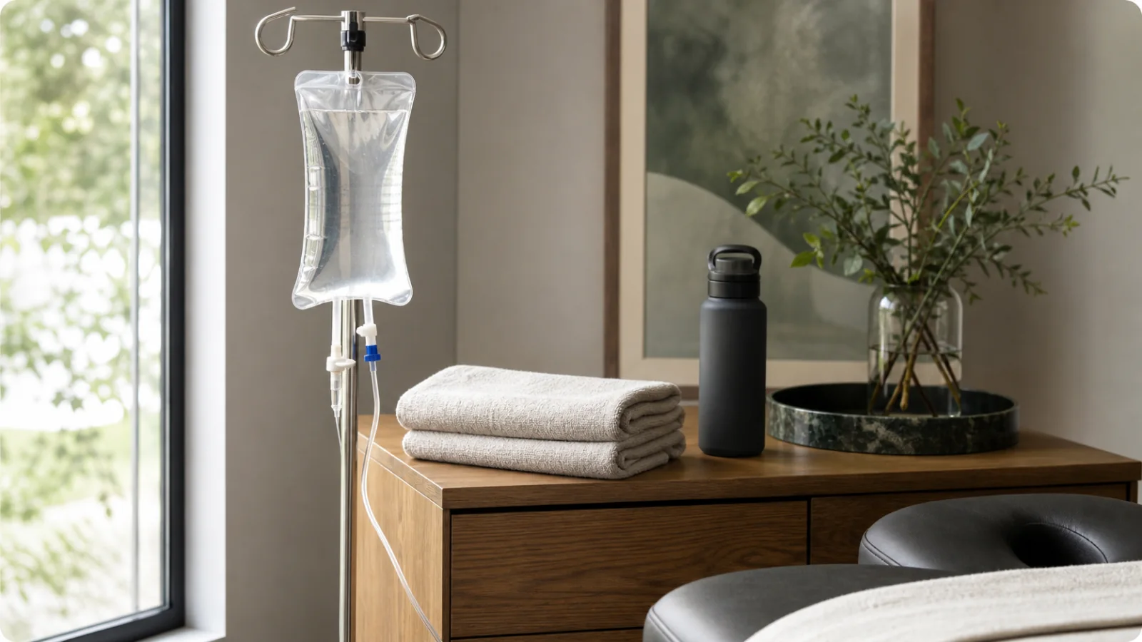 IV therapy setup with athletic recovery essentials